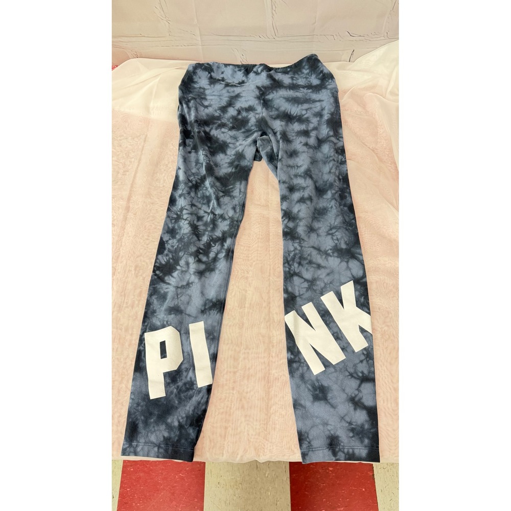 Victoria's Secret PINK Yoga Leggings Blue Black Tie Dye Logo Graphic Womens L